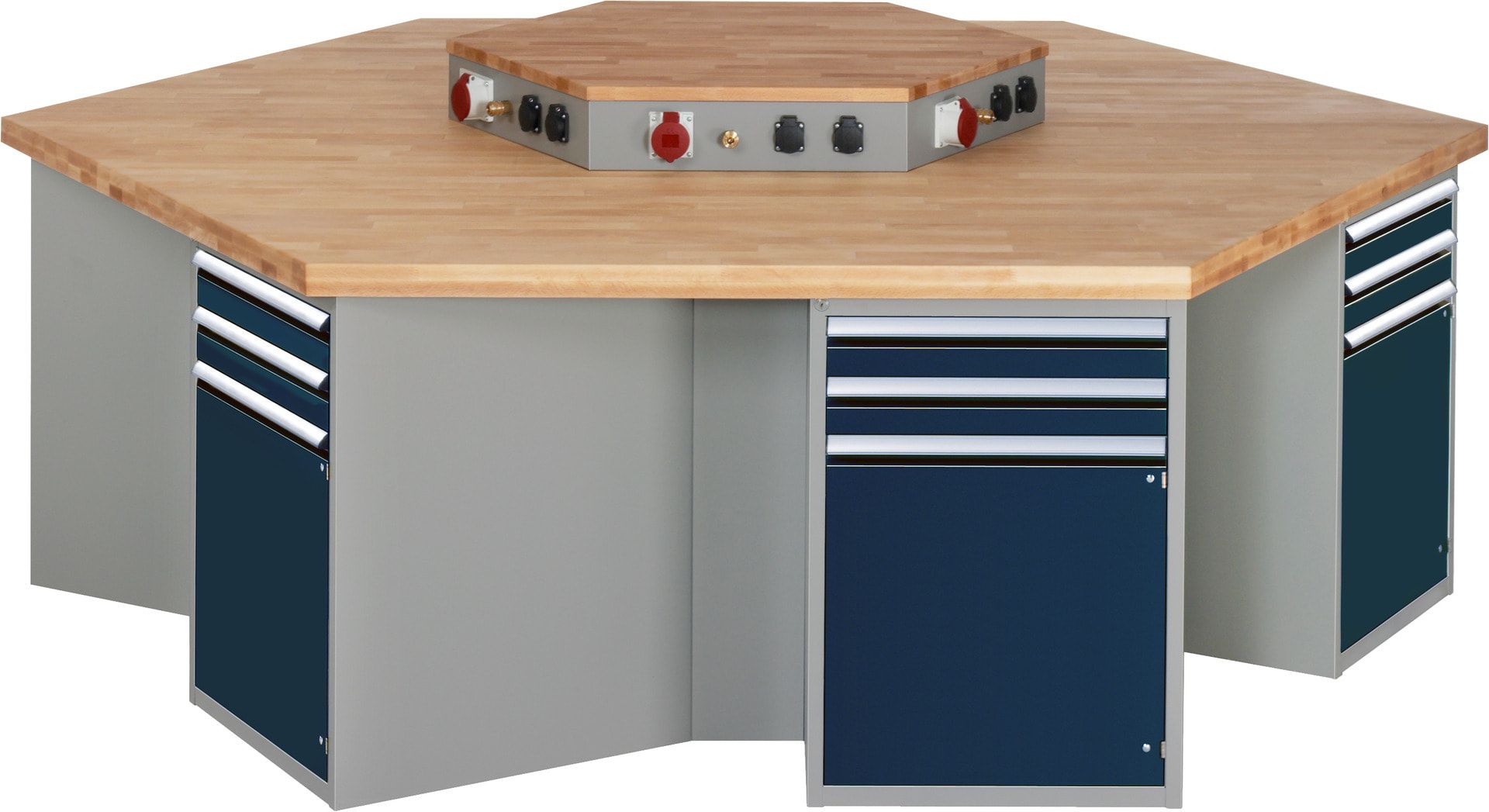 Gruppenwerkbank, Buche, Höhe 840 mm, mit Energieaufsatz, Unterbau-Container, 2 Schubladen, 1 Tür, 1 Boden - Anthrazitgrau