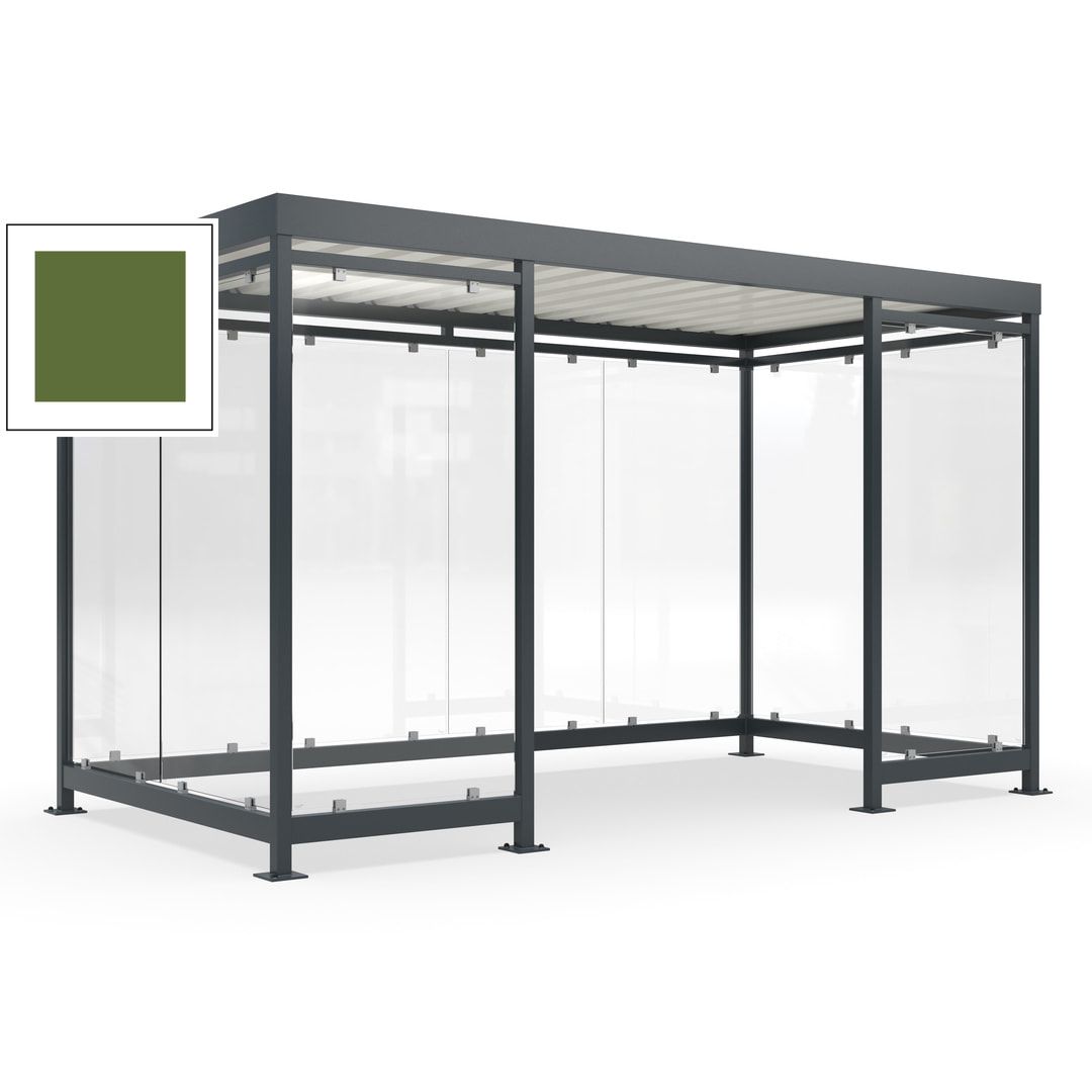 Fahrgastunterstand, Raucherunterstand, fertig montiert, Aufdübeln, 12-13 Personen, 2.510 x 4.195 x 2.165 mm (HxBxT), 10 Wände, Achatgrau