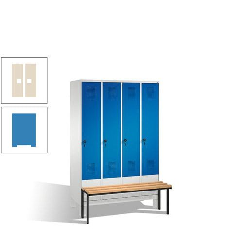 Stahl-Garderobenschrank, Spind, Buche Sitzbank vorgebaut, 4 Abteile a 300 mm, Korpus Lichtgrün, Tür Schwefelgelb, 1.850 x 1.200 x 815 mm (HxBxT)