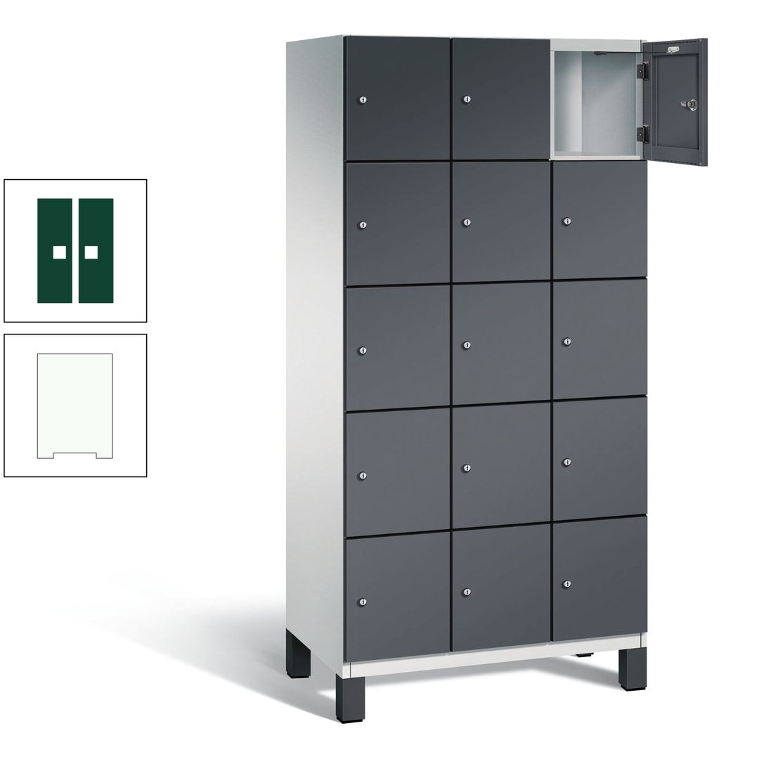 Fächerschrank, Stahlschrank, 15 Fächer, Türöffnungsbegrenzer, Füße, 1.980 x 900 x 525 mm (HxBxT), Korpus anthrazitgrau, Front anthrazitgrau