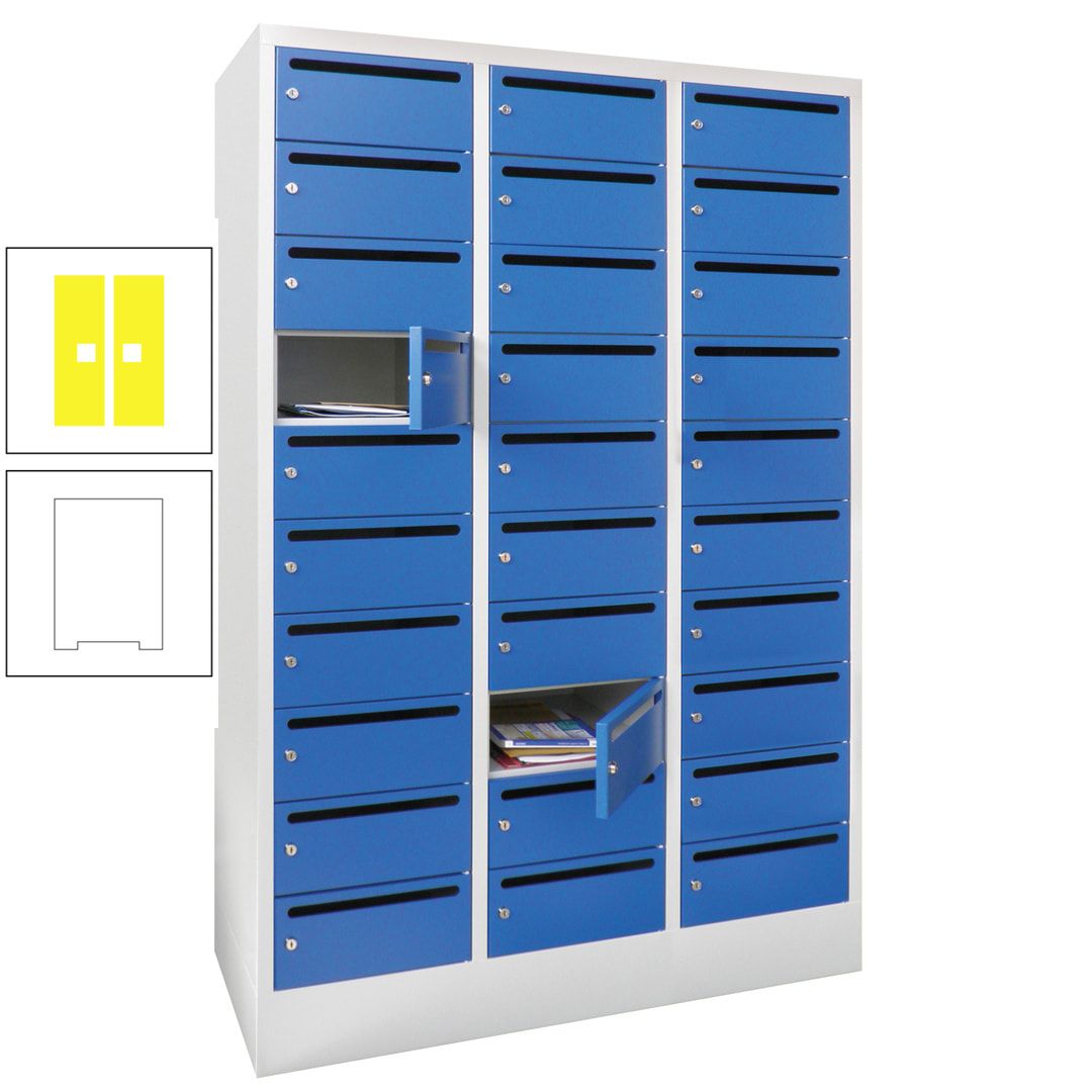 Postverteilerschrank, Schließfachschrank, 3 Abteile a 300 mm, 30 Fächer, 1.850 x 900 x 500 mm (HxBxT), Korpus anthrazitgrau, Front anthrazitgrau