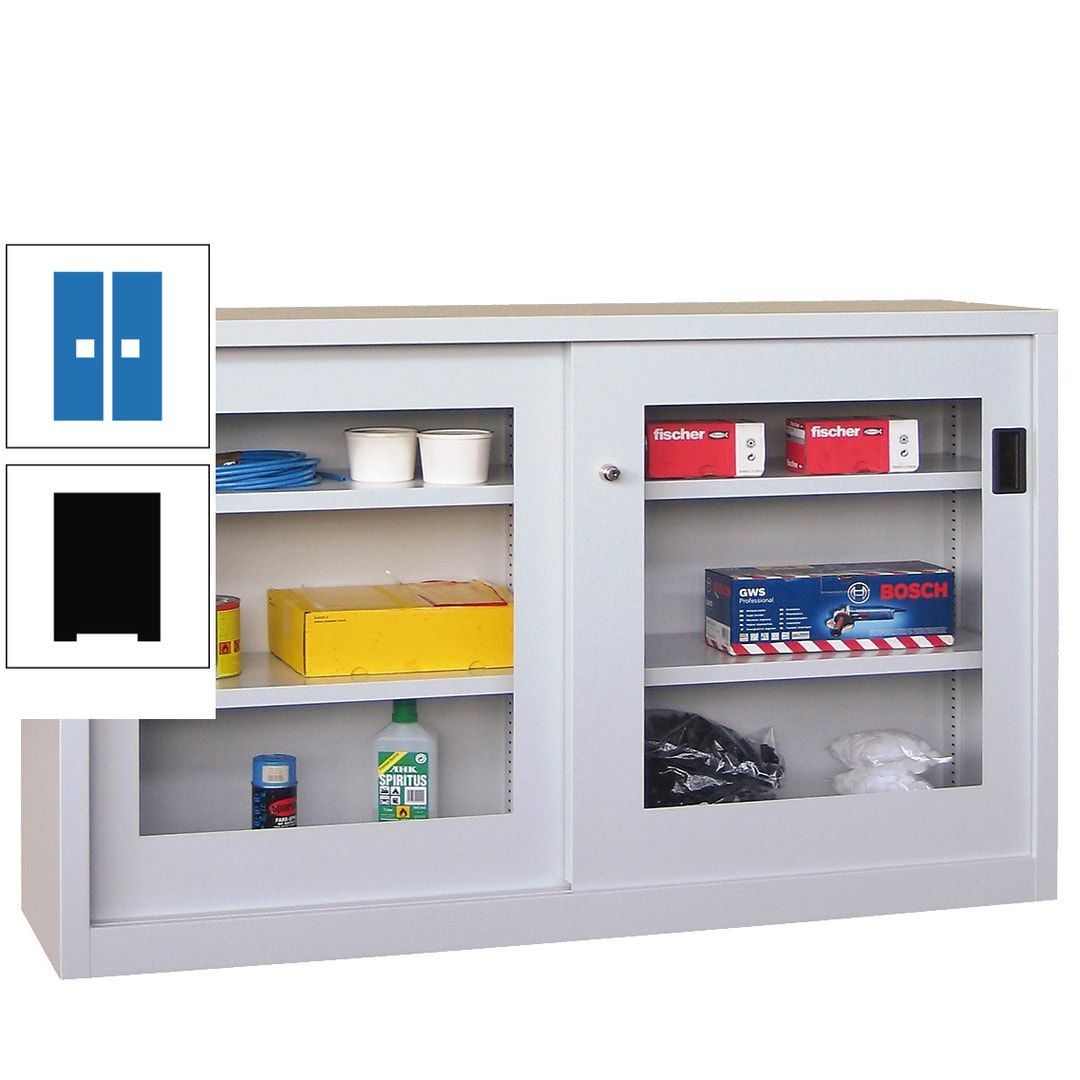 Schiebetürenschrank - Sichtfenstertüren - 1.000x1.500x600 mm (HxBxT) - 4 Böden, verzinkt - Zylinderschloss - anthrazitgrau