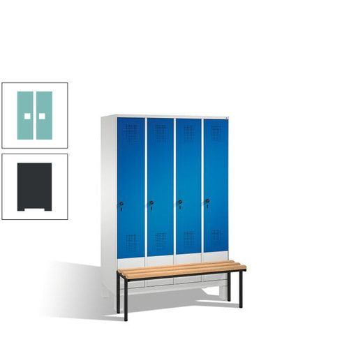 Stahl-Garderobenschrank, Spind, Buche Sitzbank vorgebaut, 4 Abteile a 300 mm, Korpus Lichtgrün, Tür Schwefelgelb, 1.850 x 1.200 x 815 mm (HxBxT)
