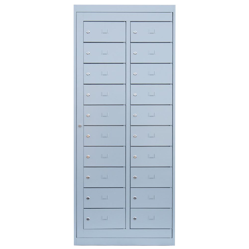 Verteilerschrank, Ausgabeschrank, Fächerschrank, Zentraltür, 2 Abteile, 20 Fächer, 1.800 x 740 x 500 mm (HxBxT), Korpus lichtgrau, Front enzianblau