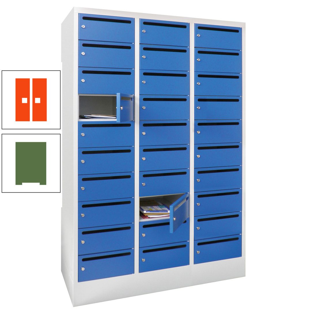 Postverteilerschrank, Schließfachschrank, 3 Abteile a 300 mm, 30 Fächer, 1.850 x 900 x 500 mm (HxBxT), Korpus anthrazitgrau, Front anthrazitgrau