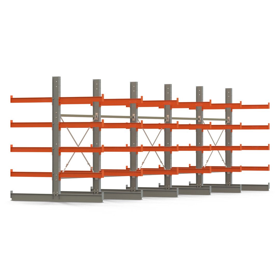 Doppelseitiges Kragarmregal, 2 Felder, 2.000 x 2.560 x 1.120 mm (HxBxT), Nutztiefe 500 mm, Kragarmlast 870 kg, KARL basic, silbergrau/reinorange