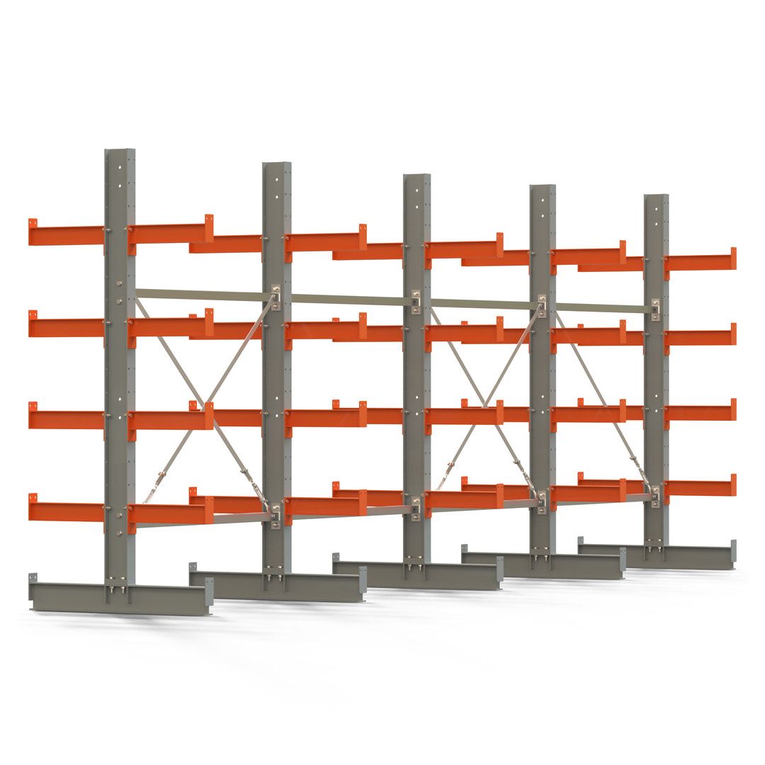 Doppelseitiges Kragarmregal, 2 Felder, 2.000 x 2.560 x 1.120 mm (HxBxT), Nutztiefe 500 mm, Kragarmlast 870 kg, KARL basic, silbergrau/reinorange