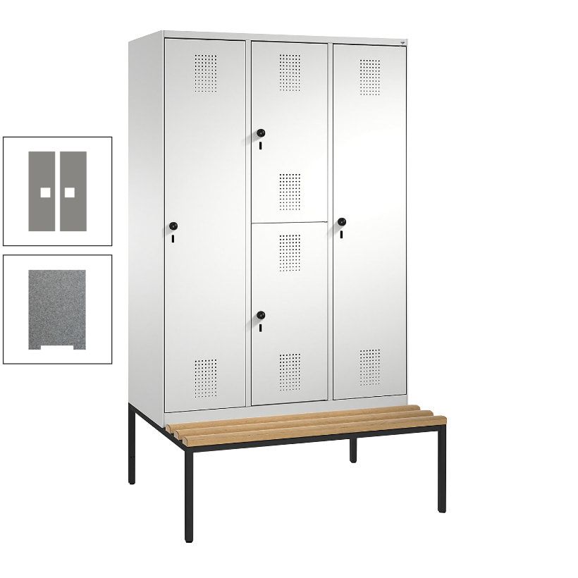 Garderobenschrank, Spind ein- und doppelstöckig Sitzbank, 3 Abteile, 4 Fächer, 2.090x1.200x500 mm (HxBxT), Front anthrazitgrau, Korpus anthrazitgrau