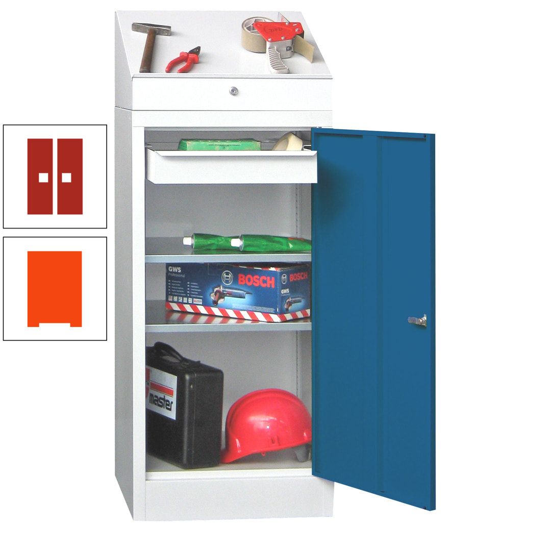 Stehpult mit Schrank - Vollblechtür - 1 Einlegeboden, 1 Ausziehboden, 1 Schublade - 1.270x500x500 mm (HxBxT) - anthrazitgrau