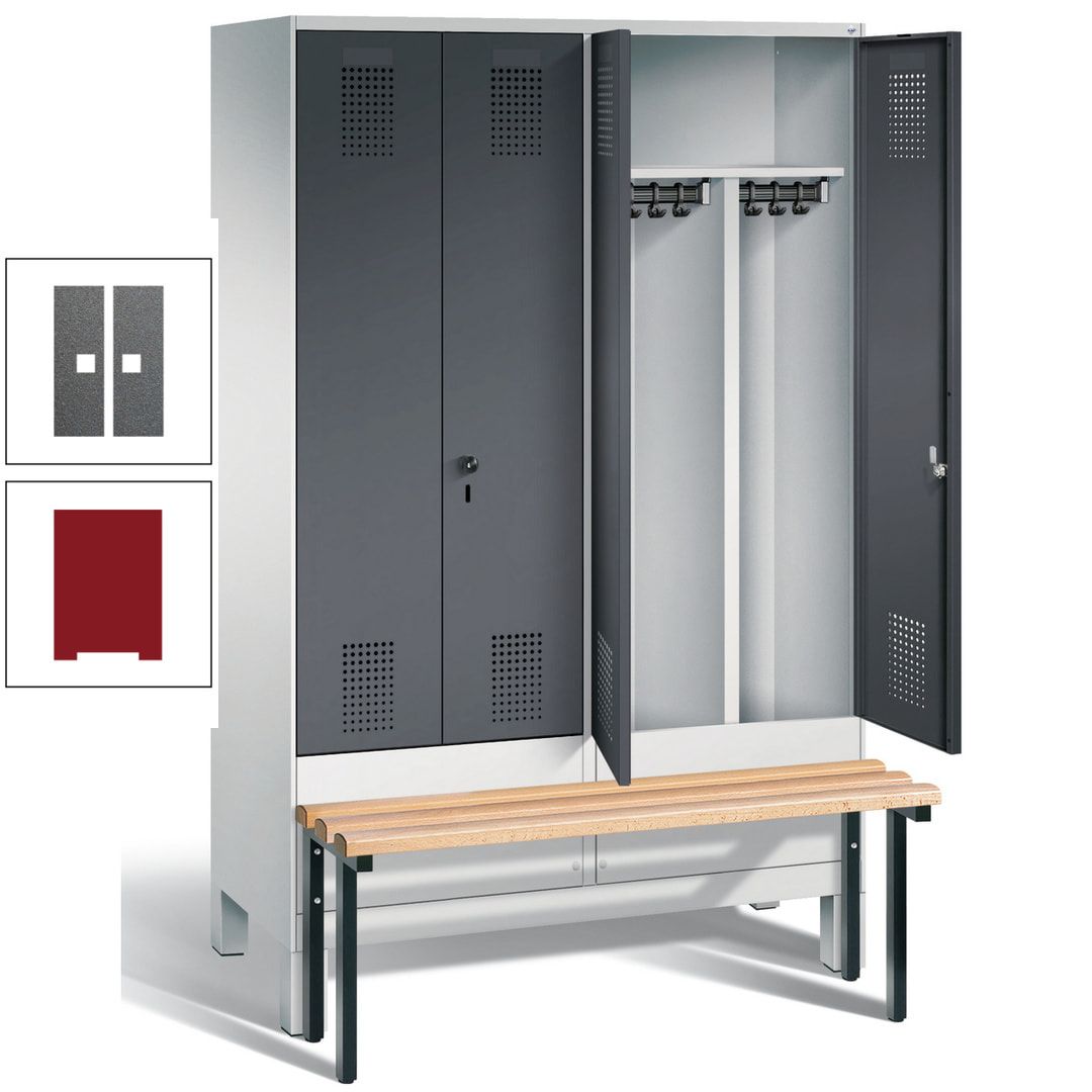 Doppel-Spind, Garderobenschrank, Buche Sitzbank vorgebaut, 4 Abteile a 300 mm, Korpus feuerrot, Tür Wasserblau, 1.850 x 1.200 x 815 mm (HxBxT)