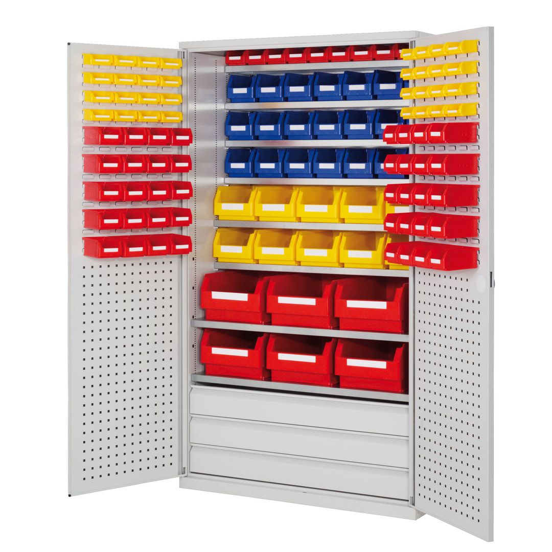 Magazinschrank - 119 Sichtlagerkästen - 3 Schubladen - 8 Böden - 1.950 x 1.130 x 590 mm (HxBxT) - lichtgrau
