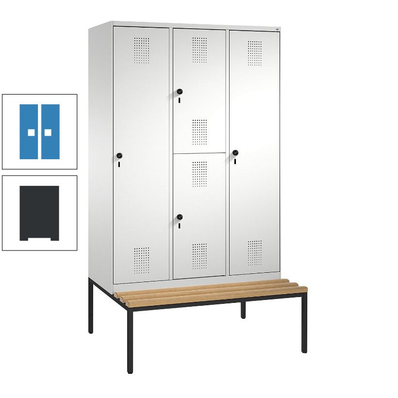 Garderobenschrank, Spind ein- und doppelstöckig Sitzbank, 3 Abteile, 4 Fächer, 2.090x1.200x500 mm (HxBxT), Front anthrazitgrau, Korpus anthrazitgrau