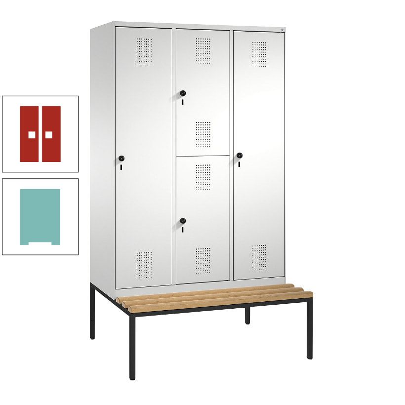 Garderobenschrank, Spind ein- und doppelstöckig Sitzbank, 3 Abteile, 4 Fächer, 2.090x1.200x500 mm (HxBxT), Front anthrazitgrau, Korpus anthrazitgrau