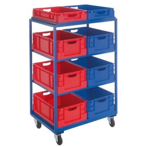 Kommissionierwagen für Eurolagerkästen, Traglast 230 kg, Ladefläche 600 x 805 mm, 4 Etagen, Farbe enzianblau