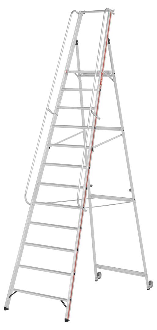 Plattformleiter mit langem Handlauf - Kipprollen - Leiterlänge 1.950 mm - mit Einhängehaken und Ablageschale - Aluleiter - Hymer