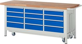 Mobile absenkbare Werkbank, 12 Schubladen - Teilauszug - 120:6/150:6 - 880 x 2.000 x 700 mm (HxBxT) - 1,25 t - Buche - Farbe wählbar