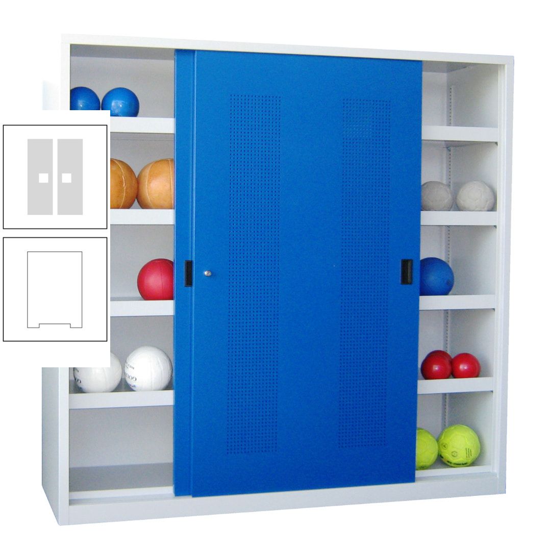 Ballschrank - Schiebetüren mit Lochfeld - Trennwand - 8 Böden - 1.950x2.000x600 mm (HxBxT) - anthrazitgrau