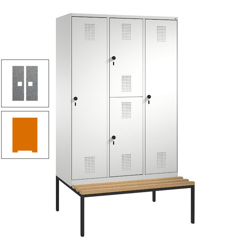 Garderobenschrank, Spind ein- und doppelstöckig Sitzbank, 3 Abteile, 4 Fächer, 2.090x1.200x500 mm (HxBxT), Front anthrazitgrau, Korpus anthrazitgrau