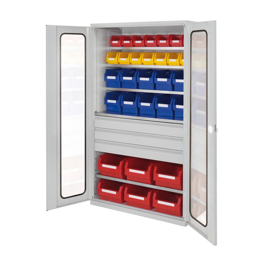 Magazinschrank - 30 Sichtlagerkästen - Lochplattentüren - 3 Schubladen - 5 Böden - 1.950 x 1.130 x 590 mm (HxBxT) - lichtgrau