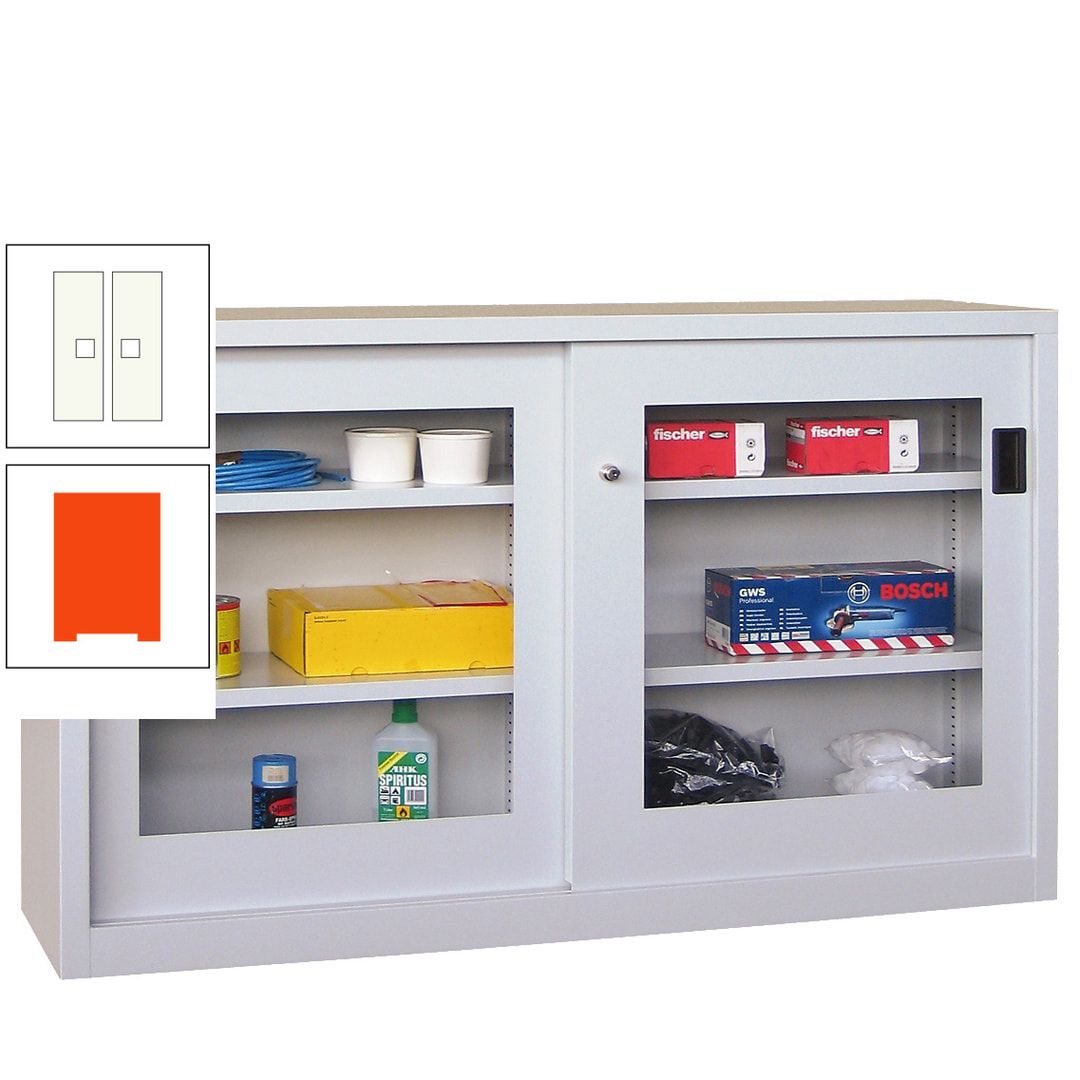 Schiebetürenschrank - Sichtfenstertüren - 1.000x1.500x600 mm (HxBxT) - 4 Böden, verzinkt - Zylinderschloss - anthrazitgrau