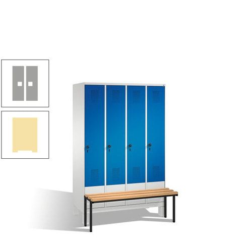 Stahl-Garderobenschrank, Spind, Buche Sitzbank vorgebaut, 4 Abteile a 300 mm, Korpus Lichtgrün, Tür Schwefelgelb, 1.850 x 1.200 x 815 mm (HxBxT)