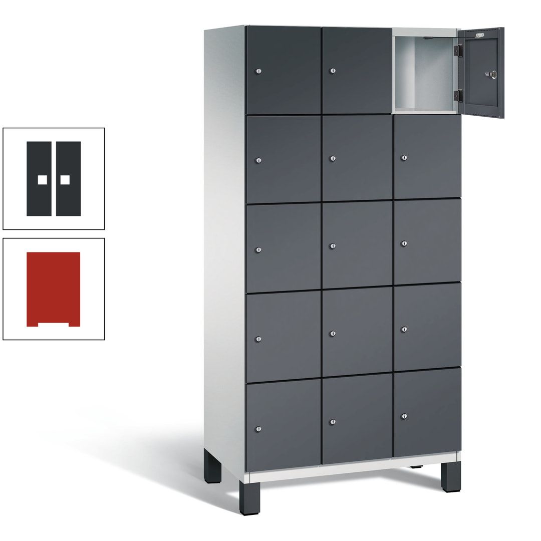 Fächerschrank, Stahlschrank, 15 Fächer, Türöffnungsbegrenzer, Füße, 1.980 x 900 x 525 mm (HxBxT), Korpus anthrazitgrau, Front anthrazitgrau