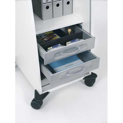 Rollladencaddy, 2 Schubladen, Materialauszug, Fachböden, 4 Rollen, abschließbar,1.155 x 515 x 600 mm (HxBxT), Front silber, Korpusfarbe Ahorn