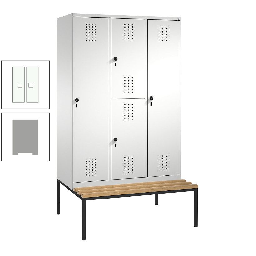 Garderobenschrank, Spind ein- und doppelstöckig Sitzbank, 3 Abteile, 4 Fächer, 2.090x1.200x500 mm (HxBxT), Front anthrazitgrau, Korpus anthrazitgrau