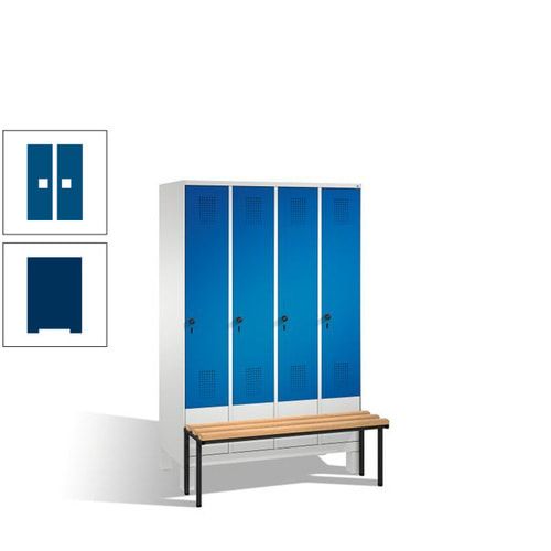 Stahl-Garderobenschrank, Spind, Buche Sitzbank vorgebaut, 4 Abteile a 300 mm, Korpus Lichtgrün, Tür Schwefelgelb, 1.850 x 1.200 x 815 mm (HxBxT)