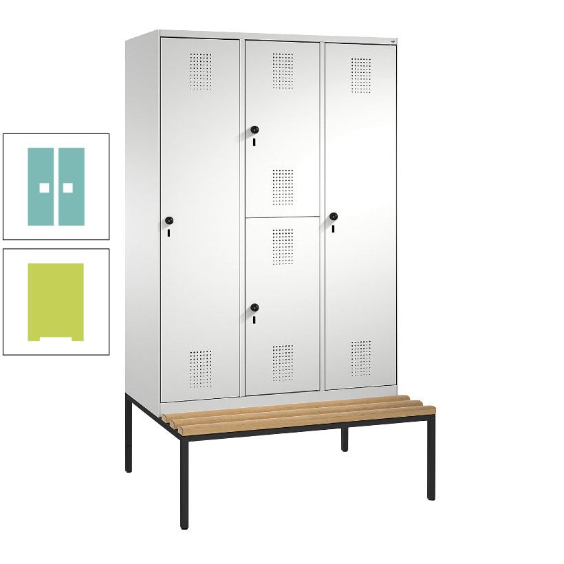 Garderobenschrank, Spind ein- und doppelstöckig Sitzbank, 3 Abteile, 4 Fächer, 2.090x1.200x500 mm (HxBxT), Front anthrazitgrau, Korpus anthrazitgrau