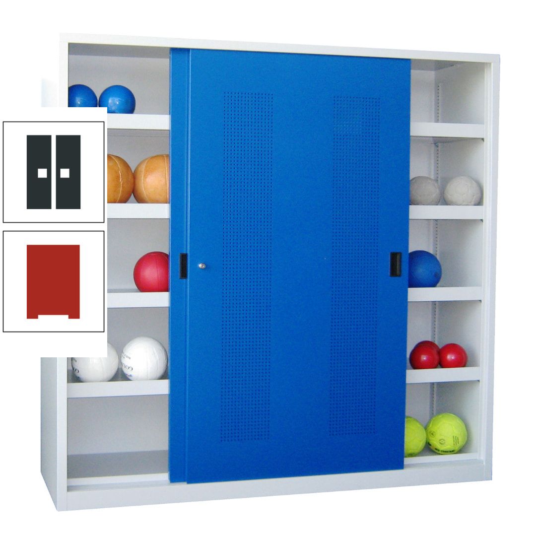 Ballschrank - Schiebetüren mit Lochfeld - Trennwand - 8 Böden - 1.950x2.000x600 mm (HxBxT) - anthrazitgrau