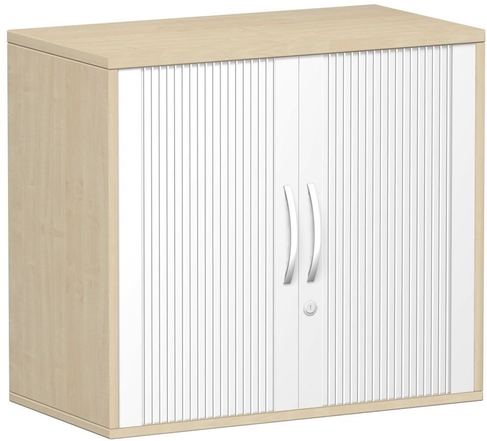 Anstell-Querrollladenschrank, 2 Ordnerhöhen, Schloss, Bogengriff,1 Fachboden, 720 x 1.200 x 425 mm(HxBxT), Rollladen silber, Korpusfarbe Nussbaum