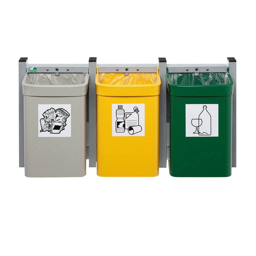 Wertstoffsammler für die Wandbefestigung - 45 l - 425 x 880 x 230 mm (H x B x T) - Piktogramm Glas, Wertstoffe, Restmüll - grün, gelb, grau