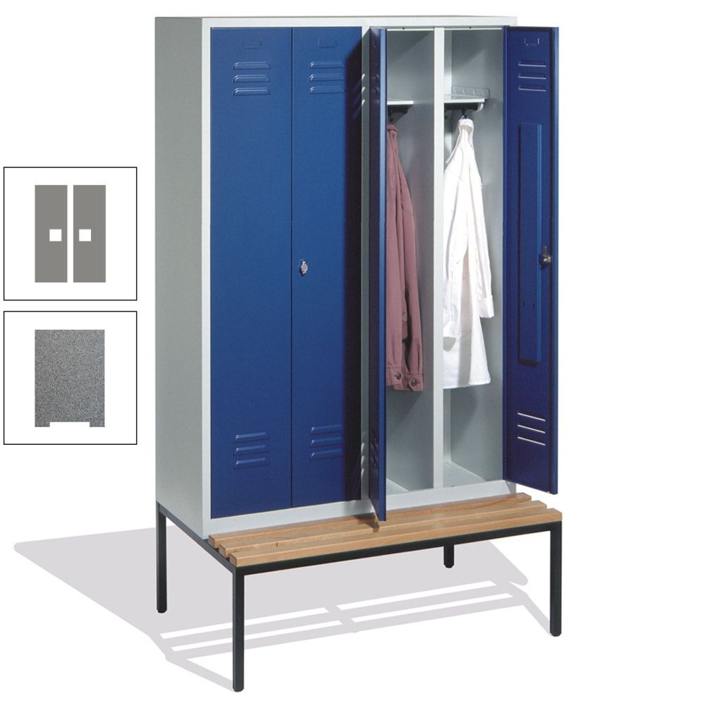Doppel-Spindschrank, Buche Sitzbank untergebaut, 4 Abteile a 300 mm, Korpus lichtgrau, Tür anthrazitgrau, 2.090 x 1.190 x 815 mm (HxBxT)