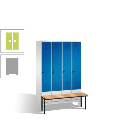 Stahl-Garderobenschrank, Spind, Buche Sitzbank vorgebaut, 4 Abteile a 300 mm, Korpus Lichtgrün, Tür Schwefelgelb, 1.850 x 1.200 x 815 mm (HxBxT)