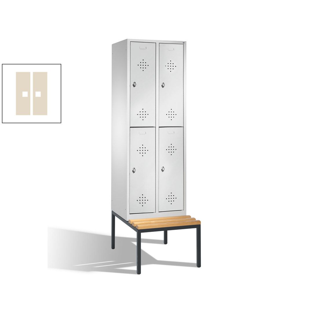 Garderobenschrank, Spind, 2 Abteile, 4 Fächer, 2.090 x 610 x 815 mm (HxBxT), Hartholz Sitzbank untergebaut, Korpus weißaluminium, Türen anthrazitgrau
