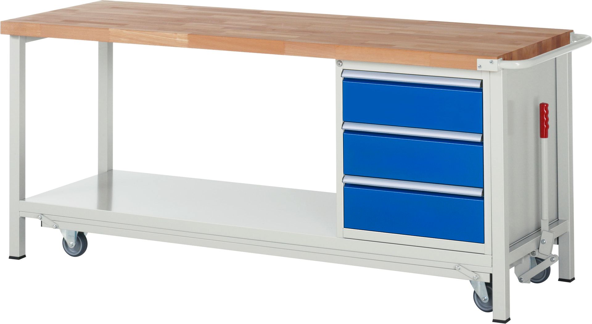 Mobile absenkbare Werkbank mit 3 Schubladen - Teilauszug - 180:3 - 880 x 2.000 x 700 mm (HxBxT) - 1,25 t - Buche - Anthrazitgrau