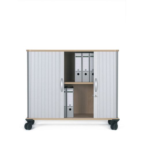 Querrollladenschrank mobil, 2 Ordnerhöhen, 4 Rollen, 2 feststellbar, abschließbar, Gewicht 37 kg, 865 x 1.000 x 400 mm (HxBxT), Farbe silber/Ahorn