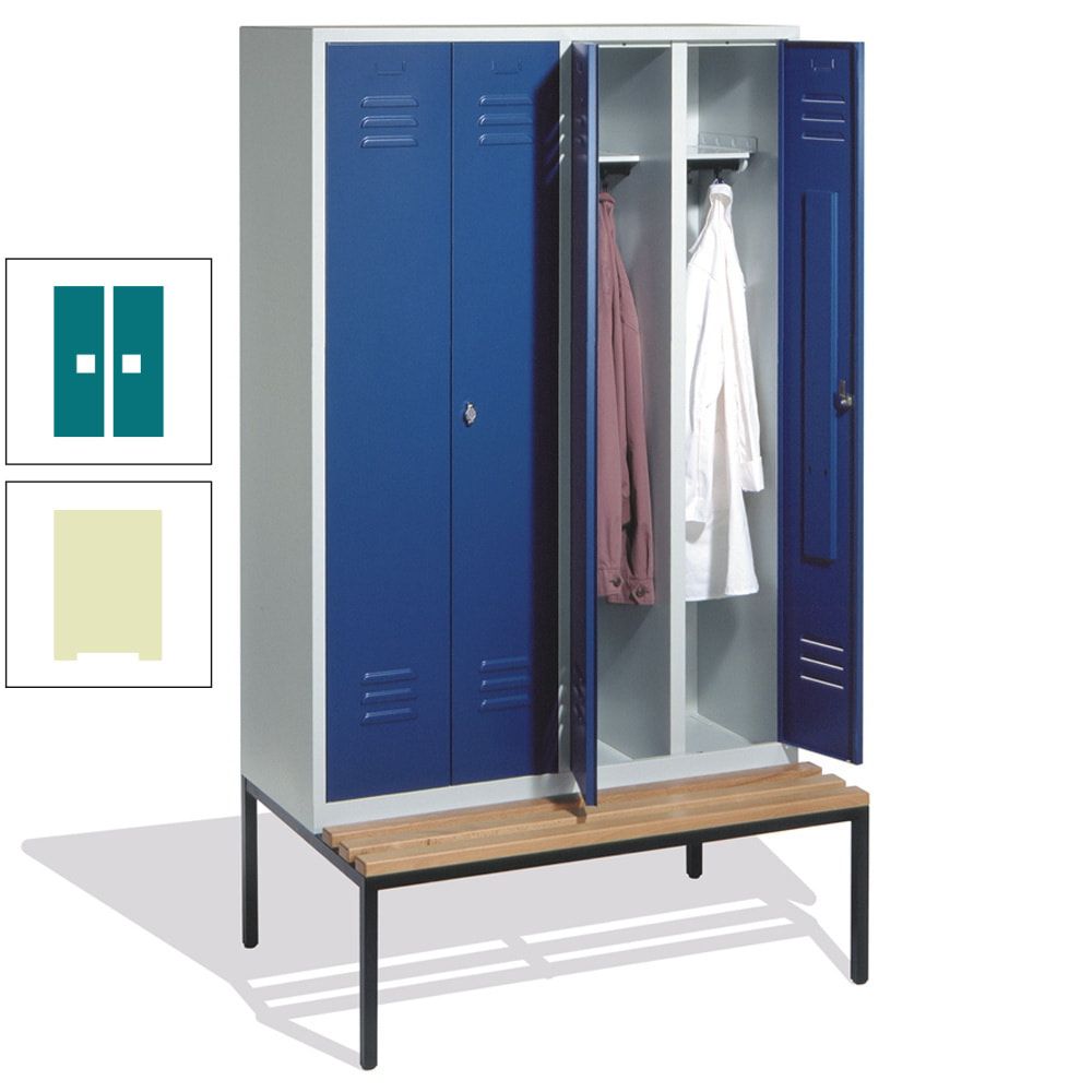 Doppel-Spindschrank, Buche Sitzbank untergebaut, 4 Abteile a 300 mm, Korpus lichtgrau, Tür anthrazitgrau, 2.090 x 1.190 x 815 mm (HxBxT)