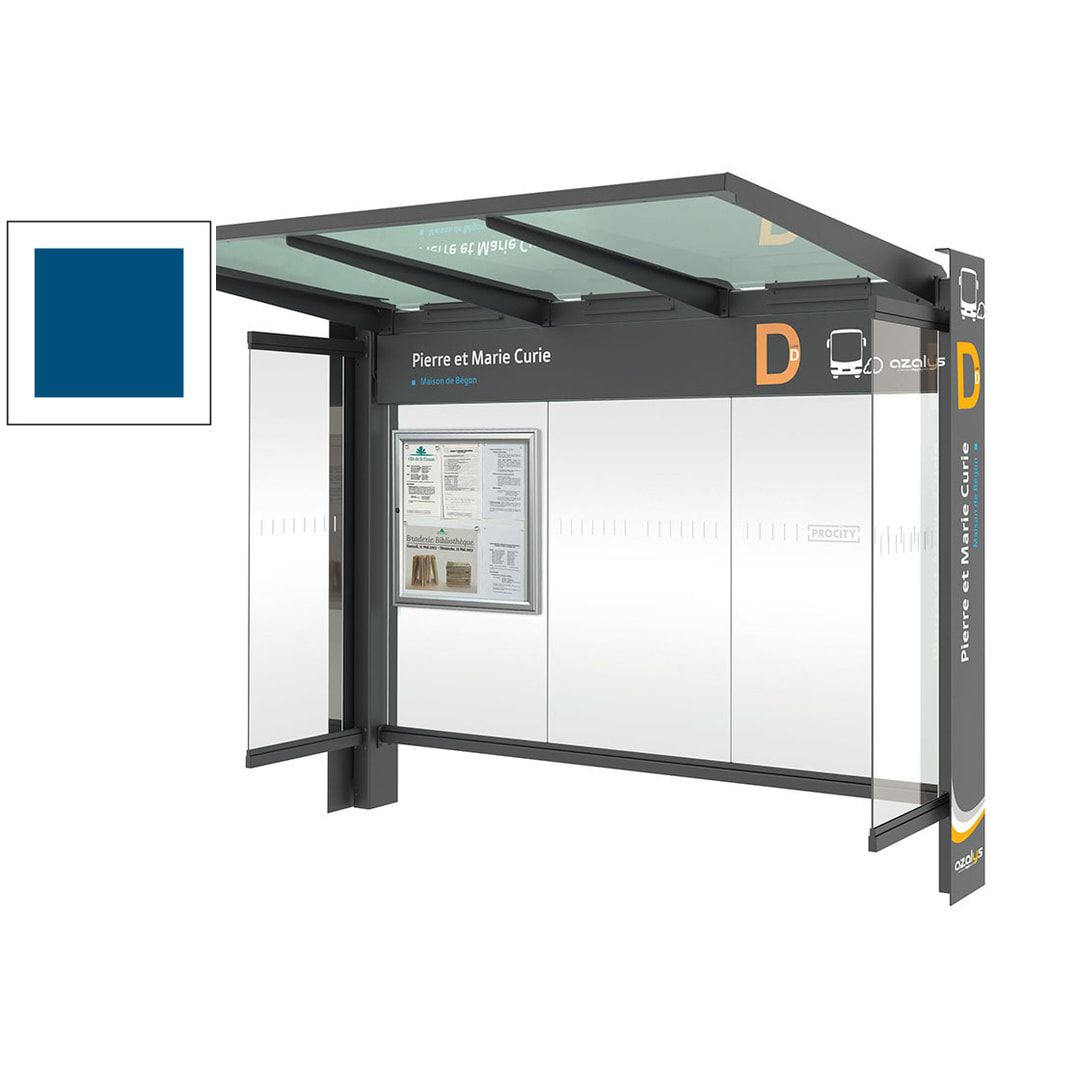 Buswartehalle, Haltestelle, Unterstand, mit Seitenverkeidungen, ESG, Fahrplankasten, enzianblau (RAL 5010), 2.450 x 3.000 x 1.550 mm (HxBxT)