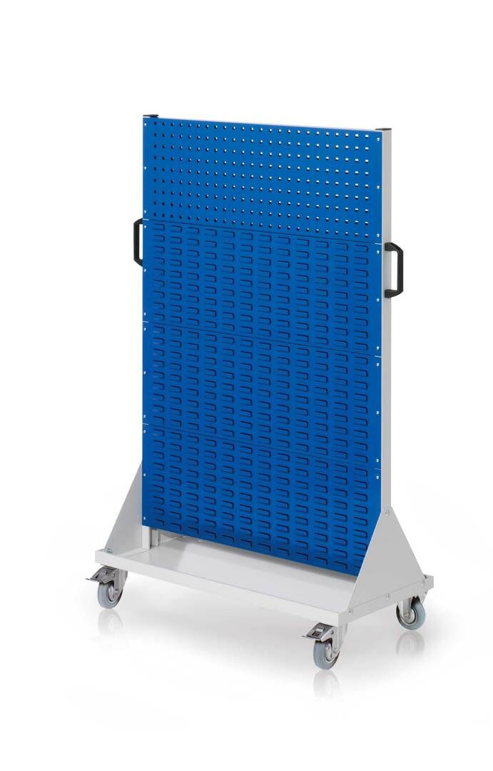 Mobiler Rollwagen, 2 Loch- und 6 Schlitzplatten, 18 Halter, 9 Sichtlagerkästen, Boden, Träger, 1.580 x 1.000 x 500 mm (HxBxT), Anthrazitgrau (RAL7016)