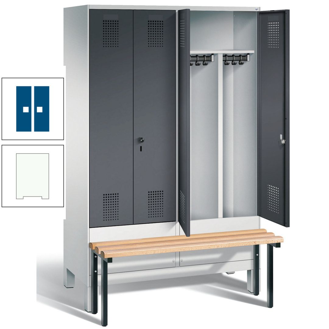 Doppel-Spind, Garderobenschrank, Buche Sitzbank vorgebaut, 4 Abteile a 300 mm, Korpus feuerrot, Tür Wasserblau, 1.850 x 1.200 x 815 mm (HxBxT)