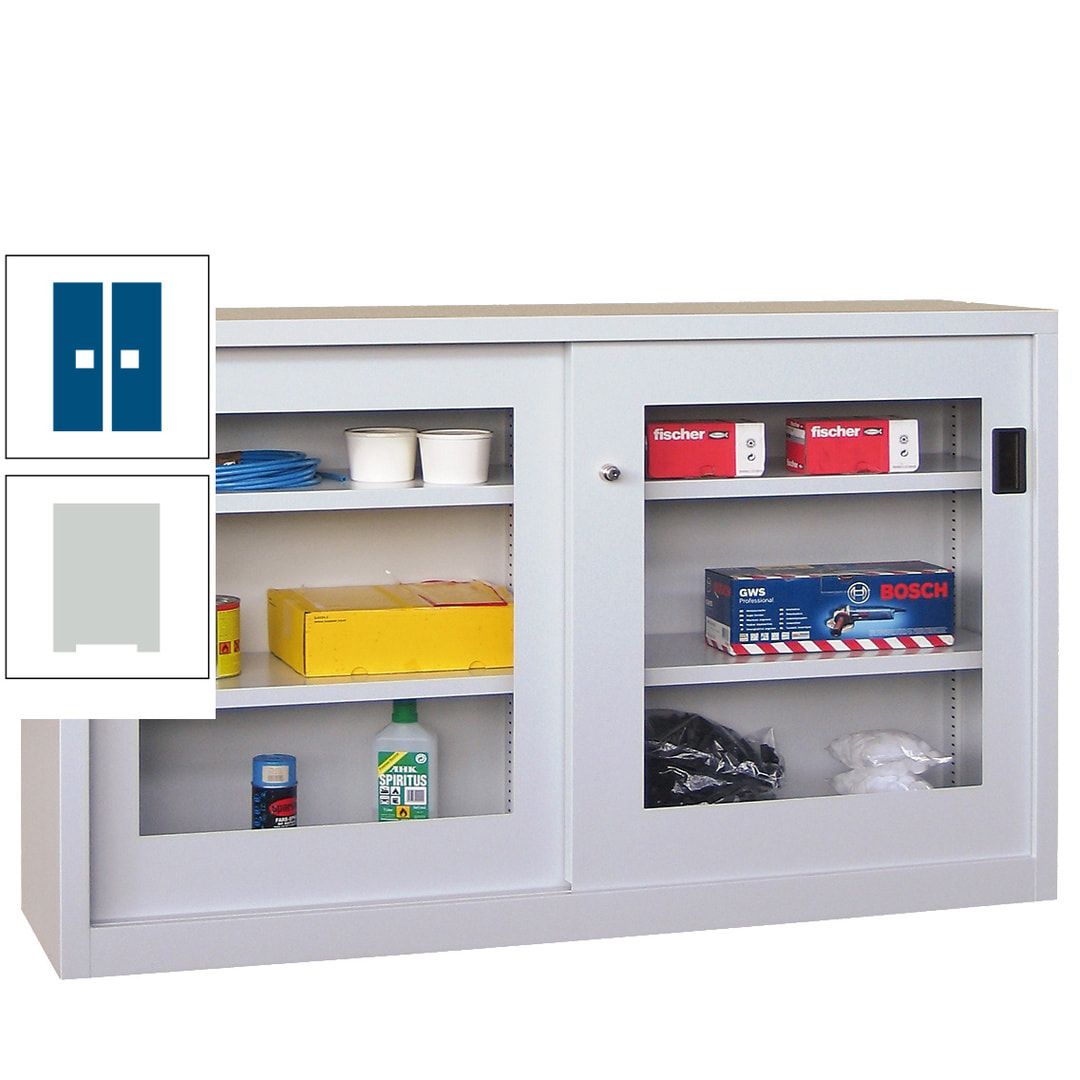 Schiebetürenschrank - Sichtfenstertüren - 1.000x1.500x600 mm (HxBxT) - 4 Böden, verzinkt - Zylinderschloss - anthrazitgrau