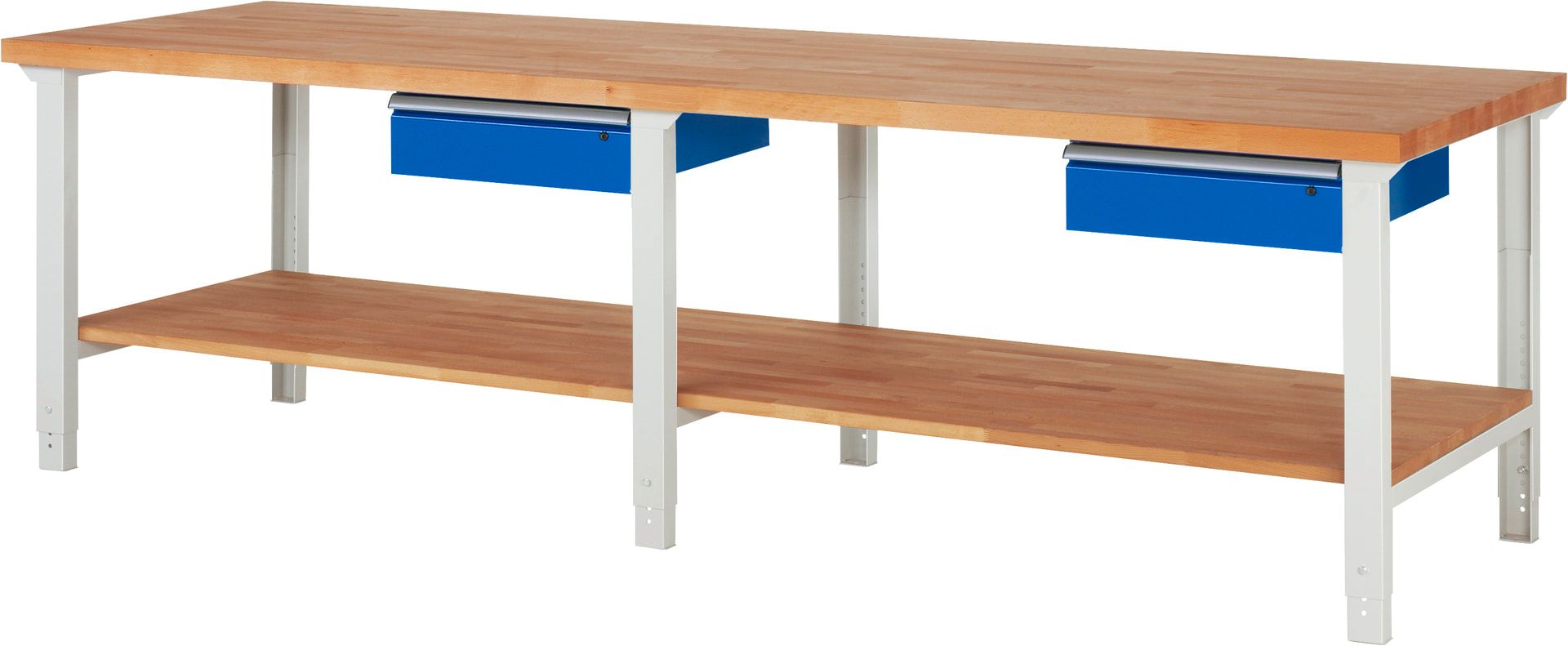 Werkbank mit Ablage - 2 Schubladen - 150:2 - höhenverstellbar 790 - 1.140 mm - 3.000 x 900 mm (BxT) - 750 kg - Buche - Anthrazitgrau