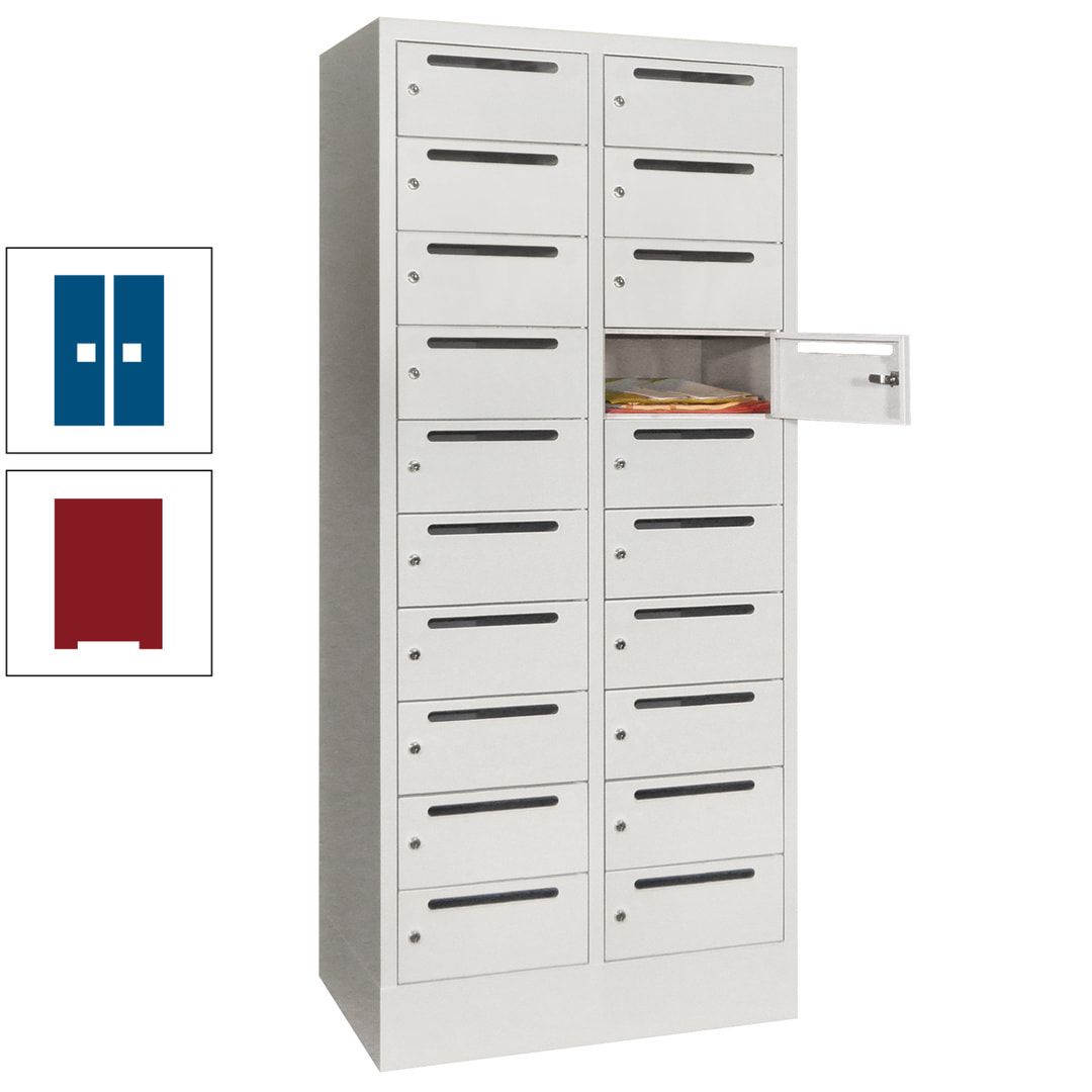 Postverteilerschrank, Schließfachschrank, 2 Abteile a 400 mm, 20 Fächer, 1.850 x 800 x 500 mm (HxBxT), Korpus anthrazitgrau, Front anthrazitgrau