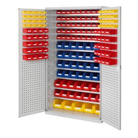 Magazinschrank - 169 Sichtlagerkästen - Loch-/Schlitzplatten Türen - 11 Böden - 1.950 x 1.130 x 590 mm (HxBxT) - lichtgrau