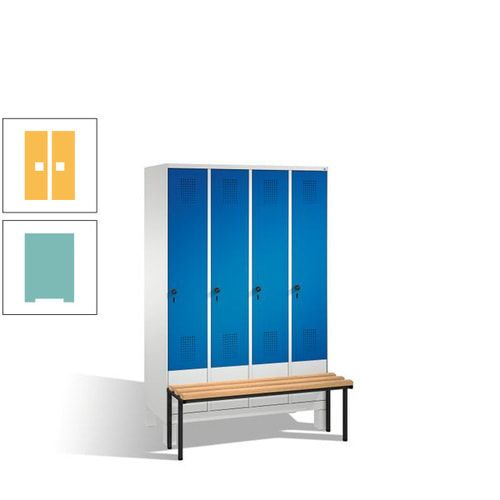 Stahl-Garderobenschrank, Spind, Buche Sitzbank vorgebaut, 4 Abteile a 300 mm, Korpus Lichtgrün, Tür Schwefelgelb, 1.850 x 1.200 x 815 mm (HxBxT)