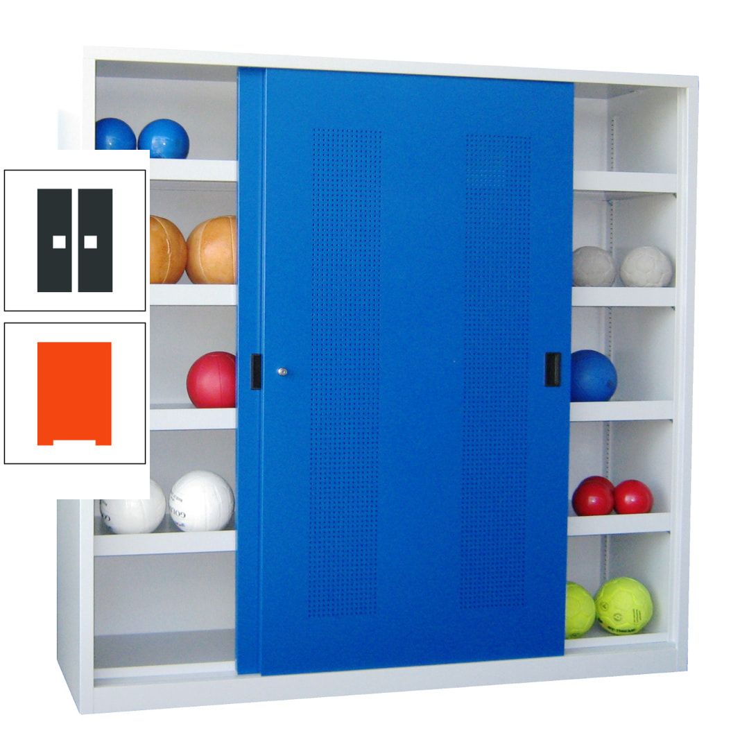 Ballschrank - Schiebetüren mit Lochfeld - Trennwand - 8 Böden - 1.950x2.000x600 mm (HxBxT) - anthrazitgrau