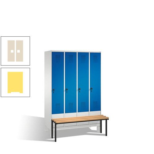 Stahl-Garderobenschrank, Spind, Buche Sitzbank vorgebaut, 4 Abteile a 300 mm, Korpus Lichtgrün, Tür Schwefelgelb, 1.850 x 1.200 x 815 mm (HxBxT)