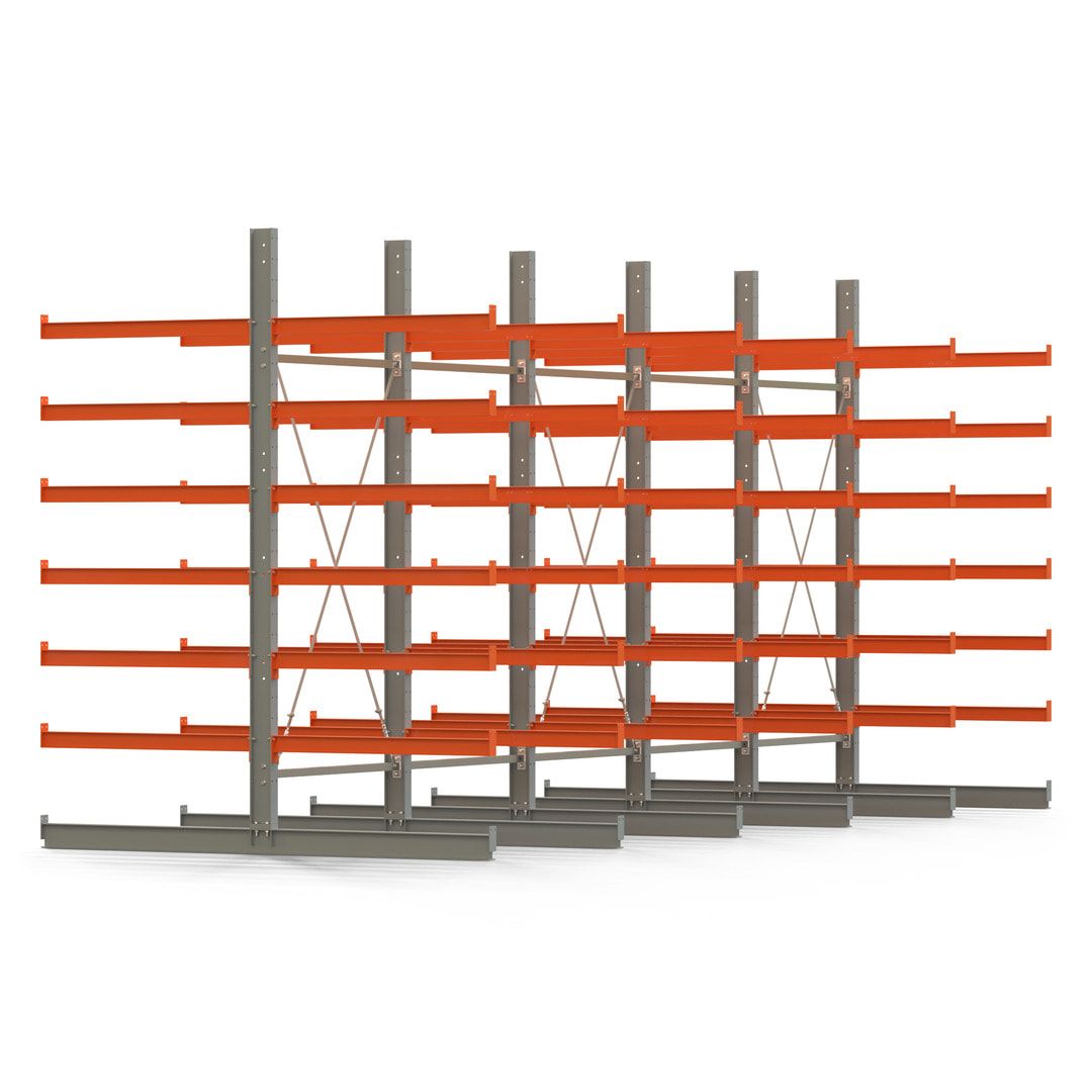 Doppelseitiges Kragarmregal, 2 Felder, 3.000 x 2.560 x 1.120 mm (HxBxT), Nutztiefe 500 mm, Kragarmlast 870 kg, KARL basic, silbergrau/reinorange